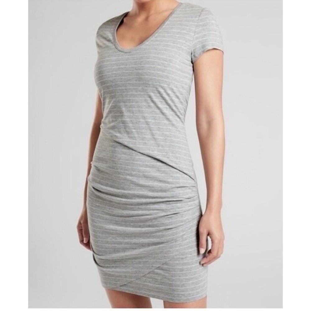Athleta Central Stripe Dress in Heather Gray Short Cinched Waist Size Small